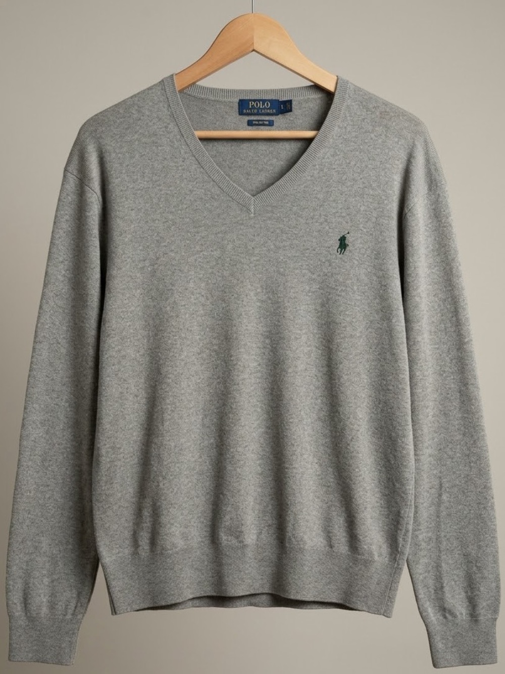 Polo Ralph Lauren Gray Pima Cotton V-Neck Sweater Green Logo Size L